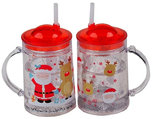 Gem Imports Kids Christmas Plastic Drinking Cups With Handle Lid And Straw (Set of 2)