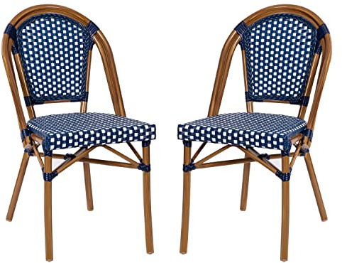 Flash Furniture Bordeaux Set of 2 Indoor/Outdoor Commercial Bistro Stack Chairs - Navy/White PE Rattan Back and Seat - Natural Bamboo Print Aluminum Frame
