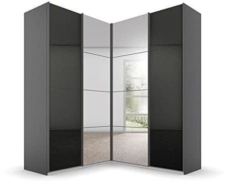 Rauch Möbel Quadra Armadio angolare con ante sospese, grigio metallizzato/grigio lucido, 4 porte, con specchio, con 2 appendiabiti, 12 ripiani, 181 x 229 x 187 cm (larghezza x altezza x profondità)