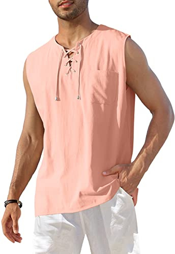 KUYIGO Men's Cotton Linen Henley Shirt Summer Tops XL Light Pink