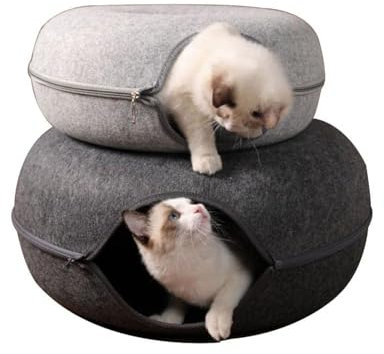 Katzenhöhle | Katzentunnel aus Filz | Katzenbett, Katzennest, Donut, Spielhöhle, Katzenhaus, Korb (Medium, Hellgrau)