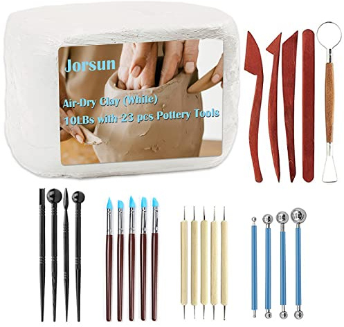 JOAWSOMEJOAWSOME Natural Air-Dry Clay Kaolin, Non-Toxic All-Purpose Compound 10LBs with 23 Pcs Pottery Tools Clay Sculpting Tool Set, All-Purpose Modeling Clay(White & Tools)