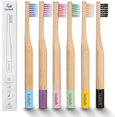 Lot de 6 brosses à dents en bambou pour enfants avec manche biodégradable, sans BPA, respectueux de l'environnement, taille enfant, certifié FSC et approuvé PETA, lot de 6 (poils en nylon doux en