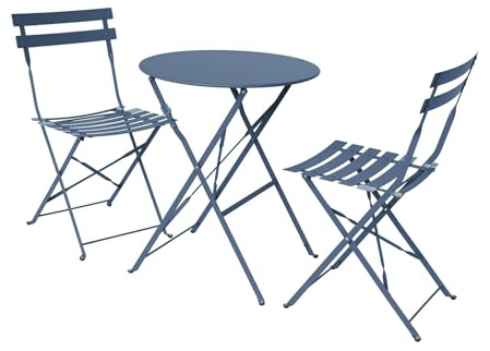 sweeek - Table de Jardin bistrot Pliante métal + 2 assises Bleu grisé Ø60 x 70cm. Acier thermolaqué
