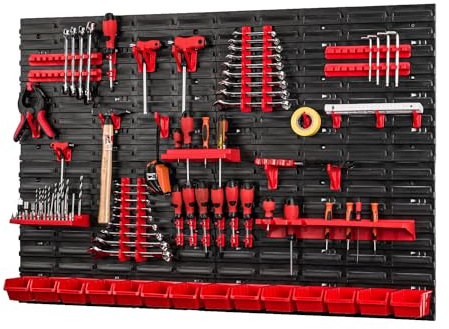PAFEN Werkzeugwand mit Stapelboxen - 1152 x 780 mm - Lagersystem Wandregal für Garage Werkstatt Werkzeughaltern mit Lochwand Lagerregal Schüttenregal Garage Ordnungssystem | Set 57 tlg.