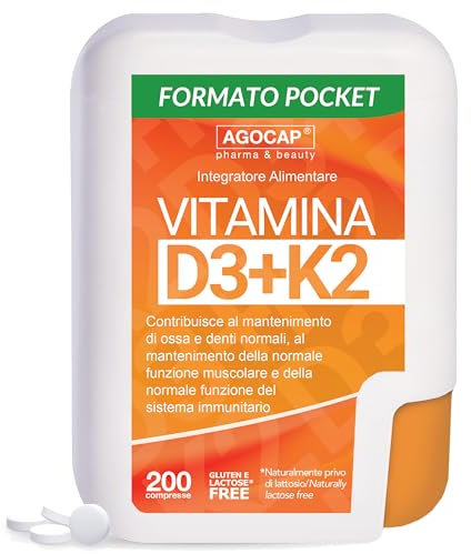 Vitamina D3 K2, 200 Microcompresse in Confezione Tascabile. Vitamina D3 2000 ui e Vitamin K2 (MK7), per Ossa, Denti, Articolazioni e Sistema Immunitario. Qualità ITALIANA, Agocap