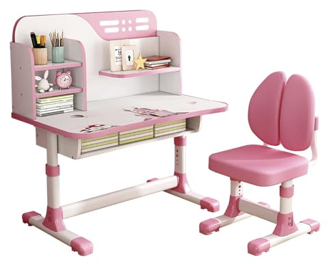 Reheyre Juego de escritorio y silla de estudio para niños, juego de escritorio rosa con altura ajustable, cajones y almacenamiento, con patrón de dibujos animados, mesas y sillas de aprendizaje para