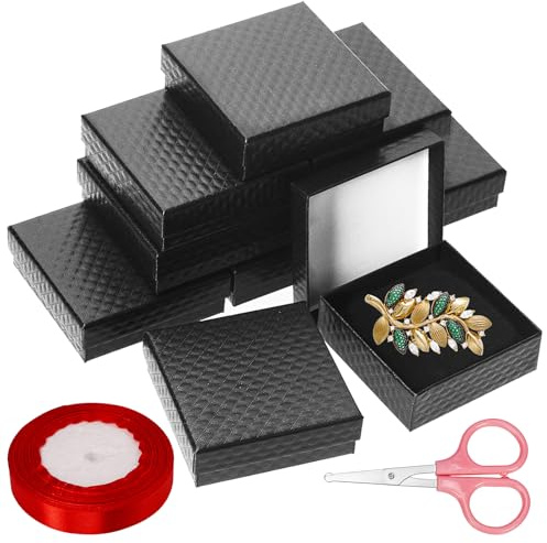 Glarks 12 st svarta 9 x 9 x 3 cm kartonglåda smycken presentaskar med rosa sax och 1,5 x 225 cm rött polyesterbandsset, diamantmönster halsband örhänge armband lådor presentfodral idealisk