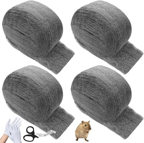 Pack of 4 Mice Steel Wool, 16 m Effective Steel Wool Against Mice with Work Gloves and Scissors Holes Wall Cracks Rodent Stop Mouse Repellent Steel Wool for Home, Garage and Garden