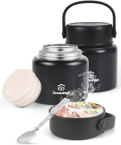 Dreamhigh® Thermobehälter für Essen 800 ml, Edelstahl Warmhaltebehälter Essen mit Griff, Thermoskanne Essen Auslaufsicher, inkl. Löffel, 12 Stunden Heiß, 12 Stunden Kalt (Schwarz)