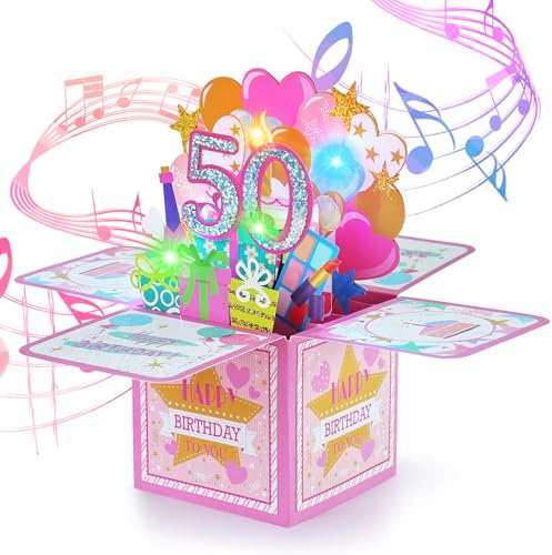 joyoldelf Carte Anniversaire Femme 50 Ans - Carte de Voeux Musicale 3D Pop Up, Cadeau de Joyeux d'Anniversaire Fille, Idéal Pour Les Maman, Ami, MèRe, SœUr, Petite Amie, Compagnon, FêTe de Famille