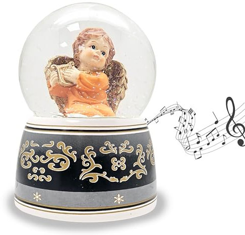 Palla di neve natalizia angelo terracotta con arpa oro, base con ornamenti nero grigio, con carillon Beethoven | altezza: 140 mm larghezza: 100 mm | 20034