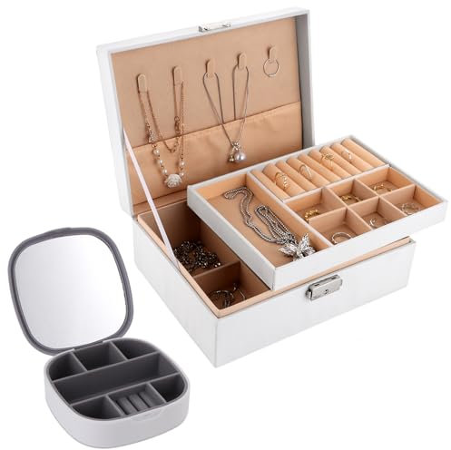 YAYODS 2 Stück Reise Schmuckkästchen Weiß - 23x17x8/ 10x10x3cm Schmuckbox Klein - Schmuckkoffer Damen - Doppelschicht Schmuckaufbewahrung - Abschließbare Schmuckkiste - Jewellery Box Schmuckkassette