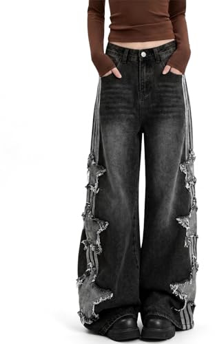 Lafaguw Jean Baggy pour Femme et Fille Motif étoiles Patchwork Taille Haute Mignon Streetwear Pantalon Ample Grunge Emo Vêtements, Noir, Taille S