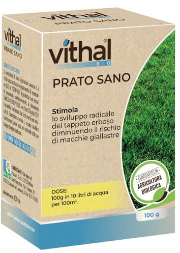 VITHAL Prato Sano Bio - Stimolatore Radicale per Tappeti Erbosi, Riduce Macchie Giallastre e Feltro, 100 g per 100 m² - Concime Naturale Consentito in Agricoltura Biologica