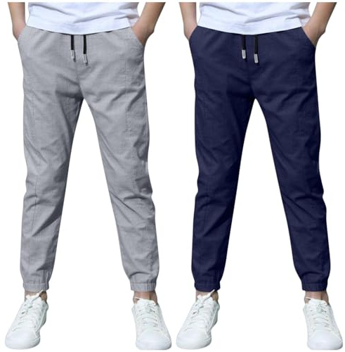 KODMNSW 2er Pack Hosen Jungen Baumwolle Leinen Hose Dünn Sommerhose Robust Arbeitshose Leinenhose Haremshose Einfarbig Outdoorhose Freizeithose 3-13 Jahre Dunkelblau 10 Jahre