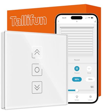 Tallifun Interrupteur Volet Roulant Connecté avec Fonction Pourcentage, Interrupteur Mural Commande Vocale Programmation pour Rideaux Compatible Alexa/Google Home/Smartlife (Blanc, 1)