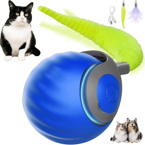 KQLHLHDYZ Jouet de Balle Interactif pour Chat, Jouet Interactif avec Queue Remplaçable, Balle Roulante Automatiqu pour Chats et Chiens, Deux Modes Jouet Chien Chargement Rapide USB, Bleu