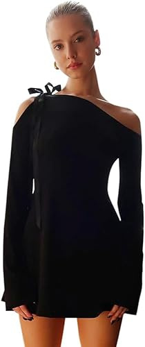 XFSRG Vestido Sexy Mujer Manga Larga Mini Vestidos con Hombro Descubierto Elegante Bodycon Dress Corto Slim Fit Elástico para Cóctel Fiesta Partido Playa Club(XL)