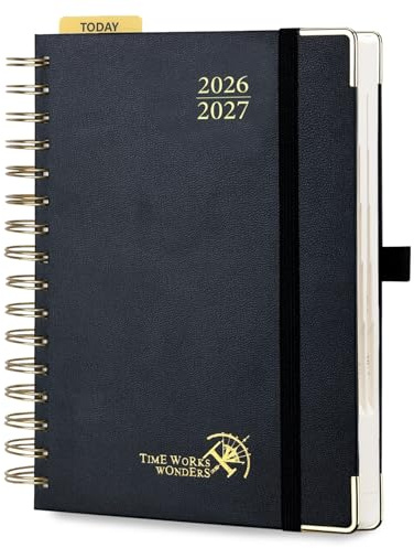 POPRUN Agenda 2026 2027 Journalier Format Moyen A5(21,5 x 14,5cm), | 1 Page par Jour D'Août 2026 à Juil 2027 12 Mois Scolaire,Couverture Rigide Spirale,Règle signet,Papier 80g/m²,Noir
