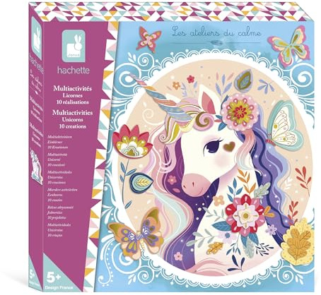 Janod - Coffret Créatif Multi-Activités Licorne - 13 Activités à Décorer - Mosaïques, Stickers Brillants & Papier Doré - Dès 6 Ans