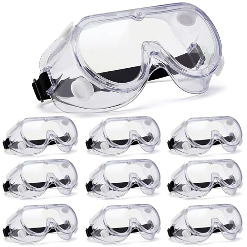 Safety Goggles Pack of 10, EN 166 Eye Protection, Anti-Fog & Anti-Scratch Clear Lens, Indirect Vent Chemical Splash Goggles, Adjustable Strap for Lab, DIY & Industrial Use