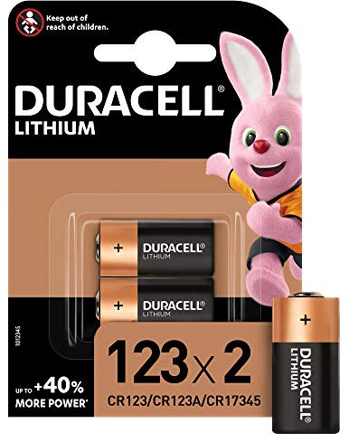 Duracell 123 Pile lithium haute puissance 3V, lot de 2 (CR123 / CR123A / CR17345), pour caméras Arlo, capteurs, verrous sans clé, flashs photo et lampes de poche
