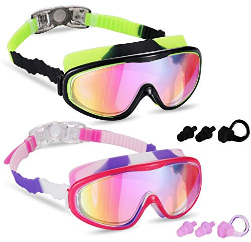 Yizerel 2 Pack Kids Swim Goggles, Swimming Glasses with Electroplating for Children and Early Teens from 3 to 15 Years Old, Wide Vision, Anti-Fog, Waterproof, UV Protection (Set of 2)