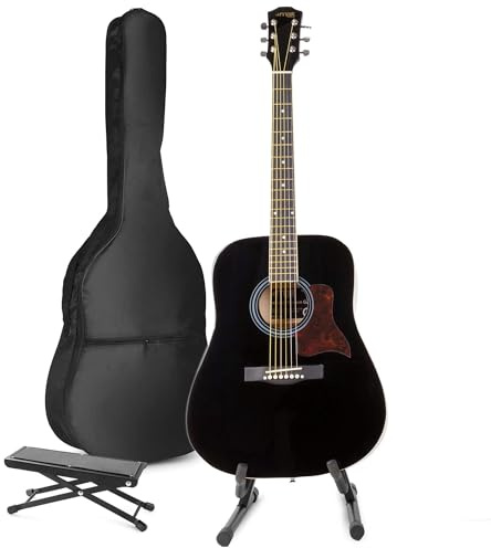 MAX SoloJam Akustik Gitarre Set - Westerngitarre, Ständer, Fußstütze, Tasche, Plektrum, Stimmgerät, Schultergurt, Saiten - Schwarz