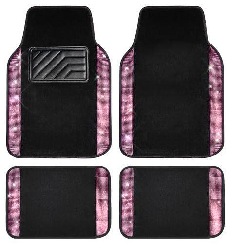 CAR PASS Tappeto per auto con strass scintillanti, battitacco in PVC antiscivolo, universale, adatto per SUV, berlina, furgoni, 4 pezzi, per ragazze e donne (nero e rosa)