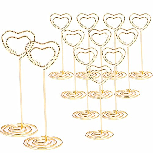 12pcs Table Number Holders Metal, 3.35 inch Place Card Stands for Wedding Centerpieces, Birthday Party - Table Card & Photo Picture Holders (Gold-Heart Shaped)