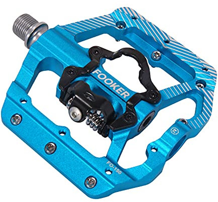 FOOKER MTB Mountain Bike Pedals 3 Bearing Flat Platform Compatible with Dual Function Sealed Clipless Aluminum 9/16 Pedals with Cleats for Road (Blue 3 Bearings)