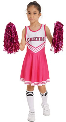 Aislor Uniforme Costume da Cheer Leader Bambina 3 Pezzi Vestito da Cheerleading con Stampa 'Cheer' Abito da Danza Moderna Ragazze Calzini +Pom-Pom Bambine Dress Rosa 3-4 anni