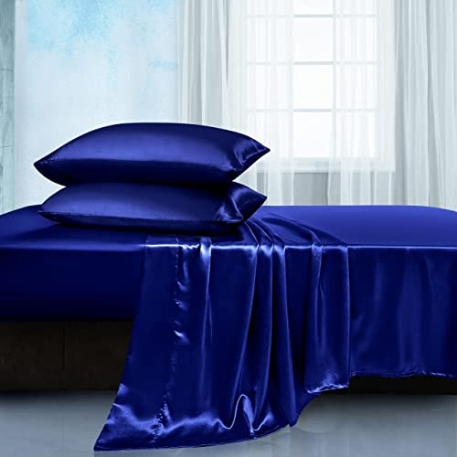 Manyshofu Satin Full Sheets Set 4 Piece - Soft Silky Satin Sheets Set, Royal Blue Bed Sheets Cooling & Luxury Bedding Sheet Set(1 Fitted Sheet, 1 Flat Sheet, 2 Pillow Cases)