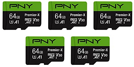 PNY 64GB Premier-X Class 10 U3 V30 microSDXC Flash Memory Card 5-Pack - 100MB/s, Class 10, U3, V30, A1, 4K UHD, Full HD, UHS-I, Micro SD