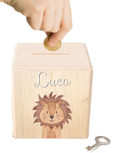 wunderwunsch Personalisierte Kinderspardose, Spardose Junge, Mädchen | Holzspardose Kinder personalisiert, Taufgeschenke für Kind, Baby Geschenk Geburt, Holz Sparschwein