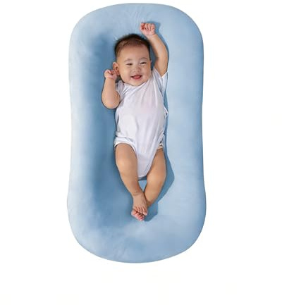 Loevin Baby Lounger, Baby Lounger for Newborn 0-24 Months, 100% Breathable Cotton Baby Nest for Tummy Time & Diaper Changes, Portable Infant Essentials for Home & Outdoor,Blue
