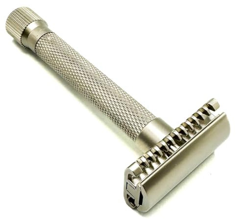Rasoio di sicurezza Parker, LA VARIANTE OPEN COMB - Double Edge REGOLABILE, personalizza la tua rasatura ruotando il quadrante da lieve ad aggressivo - 5 lame incluse (Cromo satinato)