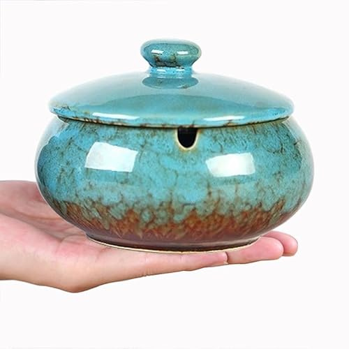 Handmade Ceramic Ashtray with Lids, Windproof Cigarette Ashtray Smokeless for Indoor or Outdoor, Ash Holder for Patio Desktop Office Smokers, Ash Tray for Tabletop Home Office Decor (Blue)