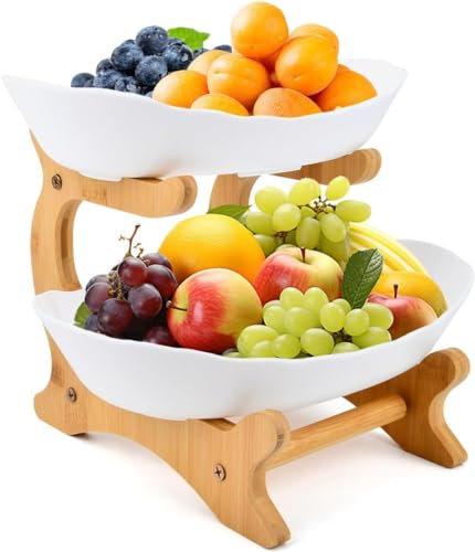 Obst Etagere Kunststoff Obstschale - Bruchsicher Kunststoffschalen mit 2 Etagen Kunststoff Obstteller 2 Ebenen Obst Etagere Obstschale Etagere mit Bambus Stand für Obst Gemüse Snacks Süßigkeiten