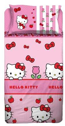 hermet Hello Kitty, Bettwäsche-Set für Einzelbett, Bettlaken, Spannbettlaken, Kissenbezug, Rosa, 100% Baumwolle, offizielles Produkt