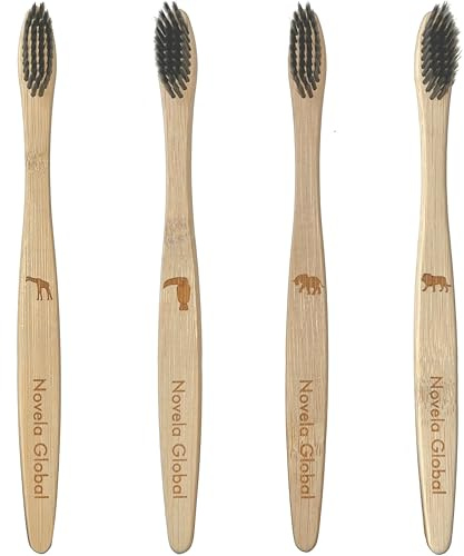 Novela Global - Pack de 20 de Brosses à dents Jungle en bambou naturel poils souples Pack pour toute la famille, Lion, Tucan, Girafe, Eléphant