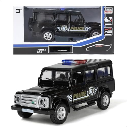 Risopen Giocattolo auto della polizia Land Rover Defender in scala 1/36 nero SUV modello di auto in lega di metallo pressofuso auto classica vintage modello giocattolo pull back auto giocattolo
