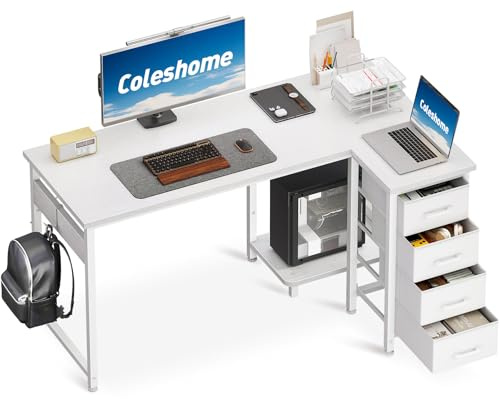 Coleshome Scrivania Angolare, 120x70cm Scrivania a L con 4 Cassetti, Tavolo da Lavoro Reversibile per Ufficio/Camera da Letto, Bianco