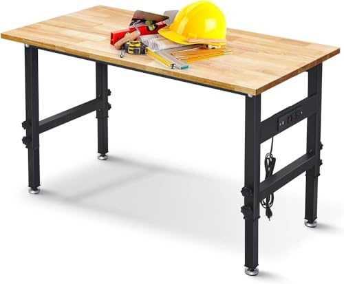 48 Workbench Desk with Power Outlets, Adjustable Height Rubber Wood Top Heavy-Duty Work Table, 2000 LBS Load Capacity Work Station for Garage, Workshop, Office, Home