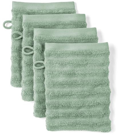 Pure Label Waschlappen - 4er-Pack 16x21cm aus 100% Baumwolle - saugstark, schnelltrockend & weich - Waschhandschuh mit Anhängeschlaufe - Oeko-TEX Zertifiziert - Salbeigrün