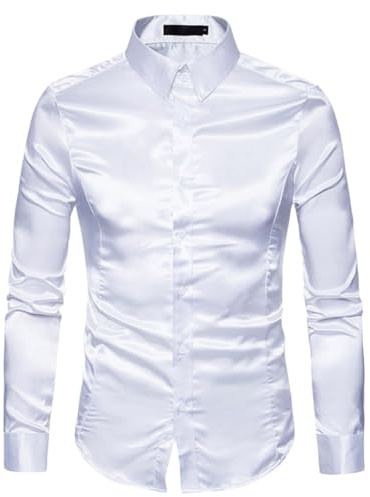 Camicia da uomo, camicia a maniche lunghe in raso lucido come seta, camicia a maniche lunghe con bottoni, camicia da smoking liscia senza pieghe, tinta unita, camicette casual per danza, discoteca