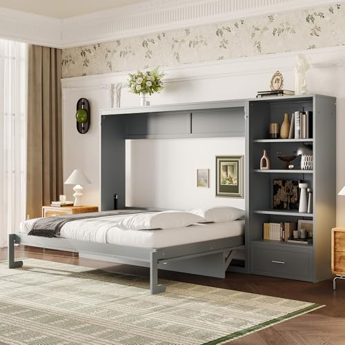 Merax Queen Murphy Bed with 3 Height Adjustable Storage Shelves & 1 Drawer, Wall Bed Frame Multifunctional Foldable Platform Bed for Small Space, Bedroom, Guest Room, Bear 500LBS (Gray)