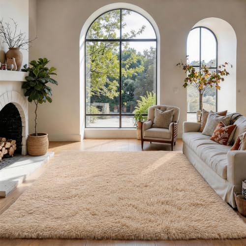SOANNY Alfombra de Pelo Largo para Salón, Lavable Antideslizante y Suave, Diseño Sólido Shaggy para Dormitorio y Habitación Infantil, Tapete para Cama, 90x150 cm, Beige