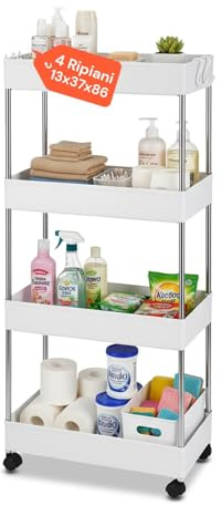 Avilia – Carrello 4 Ripiani Cucina Slim Bianco - Organizer Salvaspazio su Ruote per Bagno e Lavanderia - Carrellino Stretto Porta Detersivi e Spezie con 4 Ganci Laterali - Design Verticale Compatto